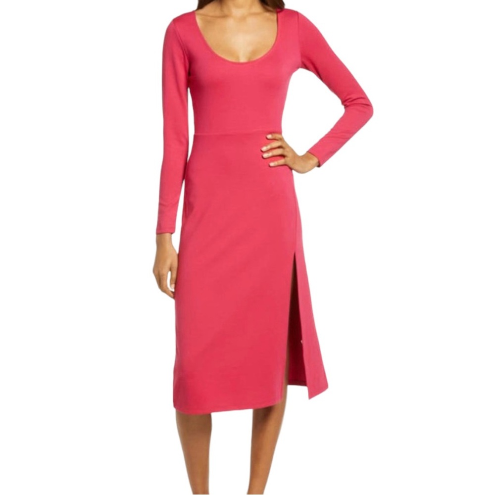 NEW! | Leith Sexy Midi Slit Long Sleeve Scoop Knit Dress in Pink